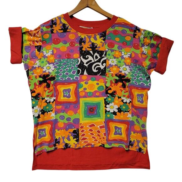 Vintage 80's Kid Core T-Shirt Maximalist‎ Colorful Art Teacher Patchwork Size L - Picture 1 of 9